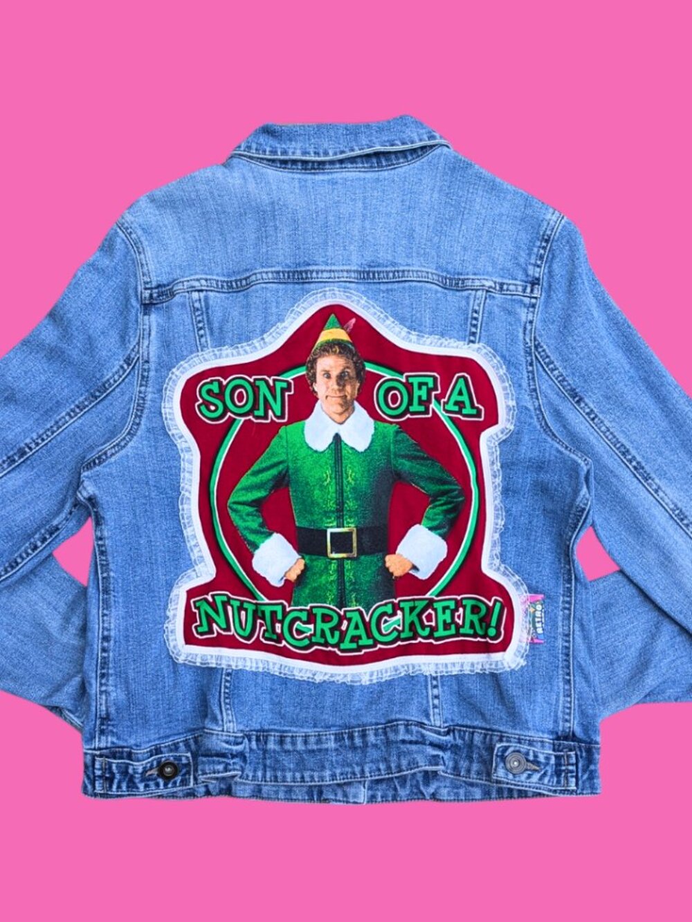 Elf ''Son of a Nutcracker'' Upcycled T-Shirt Denim Jacket Size L